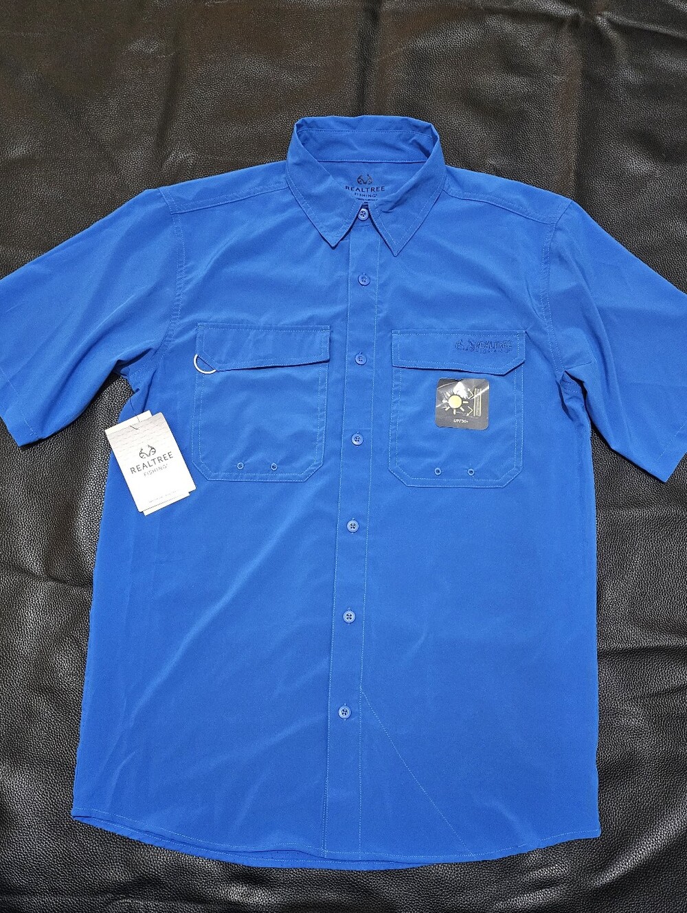 REALTREE Mens Fishing Guide Button Up Shirt Blue Short Sleeve UV 30+ Size Small